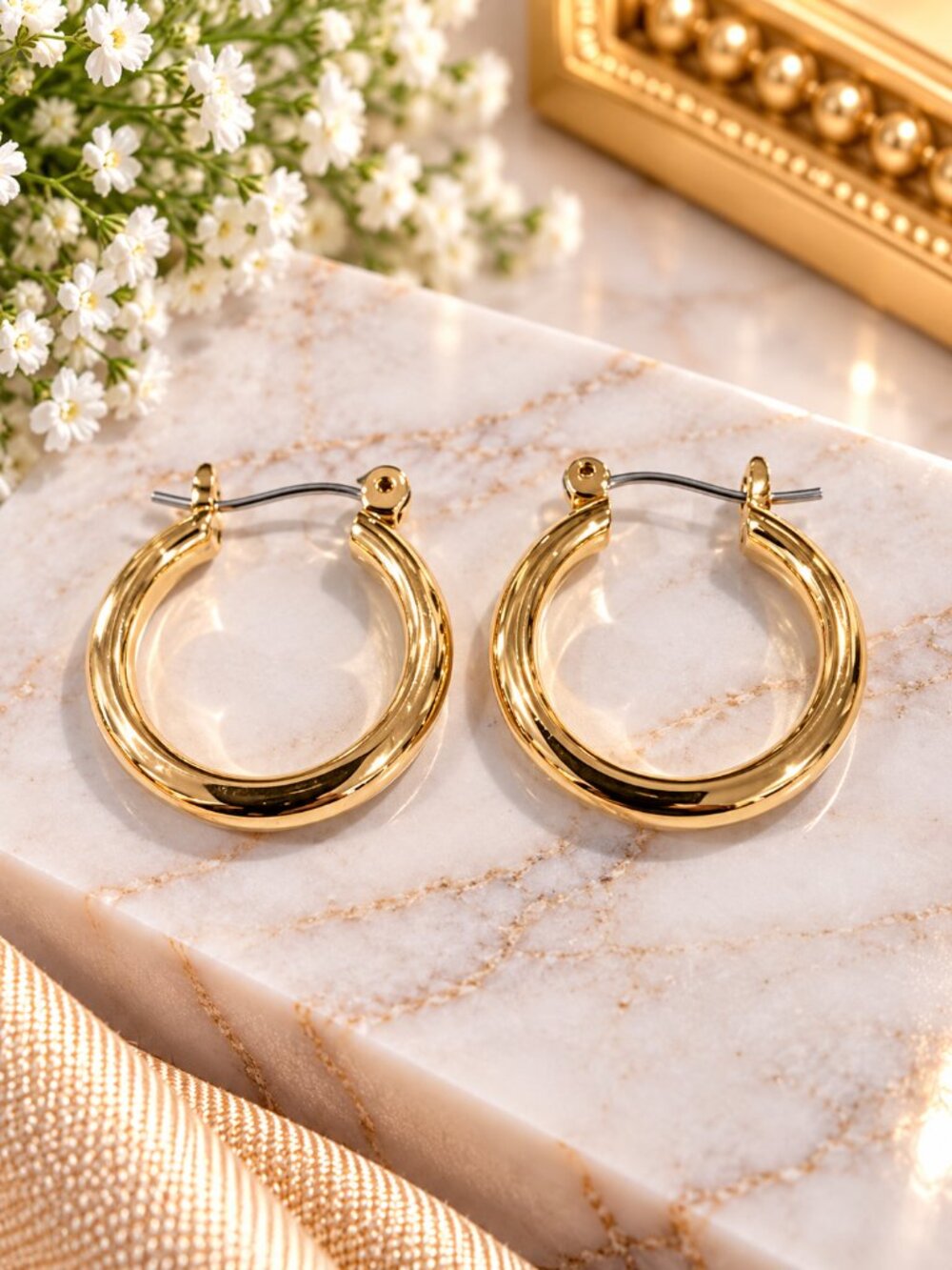 Gold Tone Chunky Hoop Earrings Polished Classic Statement - Fashion Jewelry